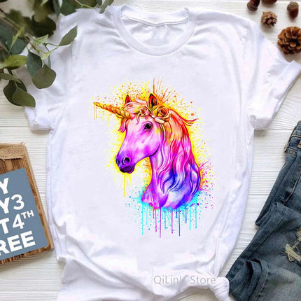 Damen Einhorn T-Shirt in Weiss mit zauberhaftem Blumenprint und kurzem Arm