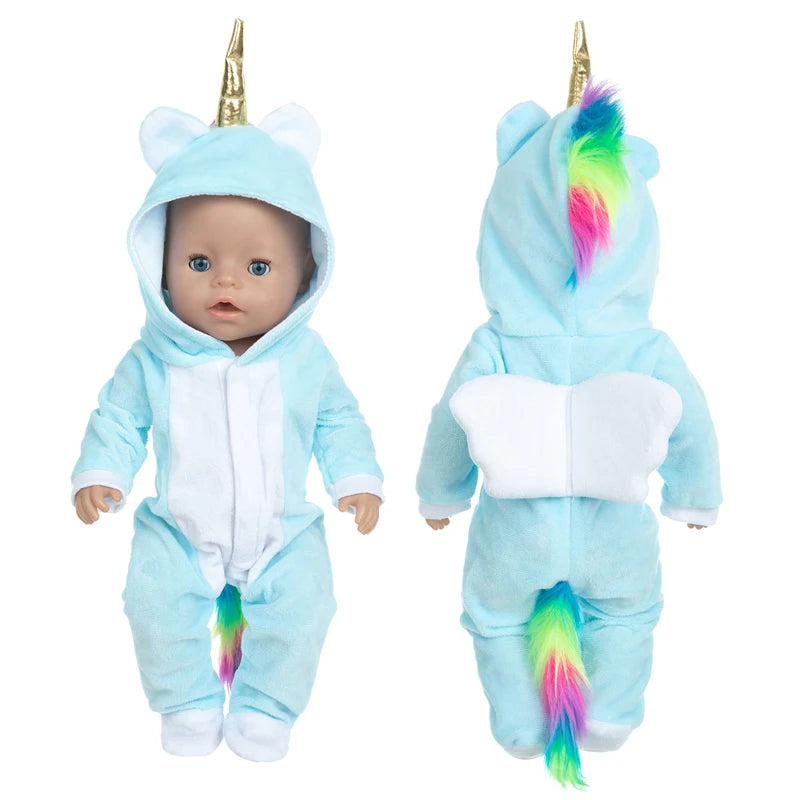 Niedliches rosa Einhorn Jacken-Set aus Fell für eine 43cm Babypuppe, mit Kapuze und Horn