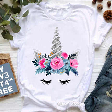 Weißes Damen Einhorn T-Shirt mit farbenfrohem Blumen-Print und Einhorn-Design