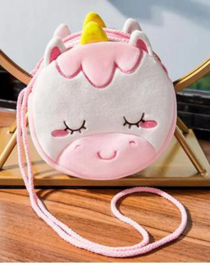 Lila Cartoon Einhorn Umhängetasche aus weichem Plüsch mit Reißverschluss für Mädchen