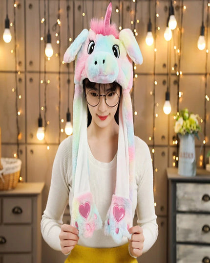 Einhorn Plüschtier Hut mit beweglichen Ohren für Kinder und Erwachsene in weißer Einhorn-Optik