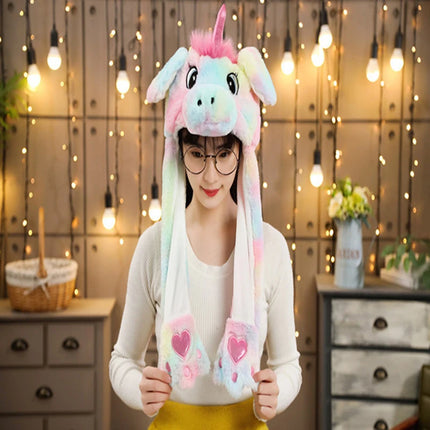 Einhorn Plüschtier Hut mit beweglichen Ohren für Kinder und Erwachsene in weißer Einhorn-Optik