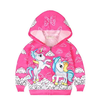 Mädchen in einer süßen Einhorn Jacke mit Cartoon-Motiv, Kapuze und Reißverschluss für sportliche Aktivitäten