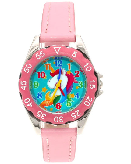 Elegante Einhorn Uhr mit Lederarmband in Rosa für Kinder
