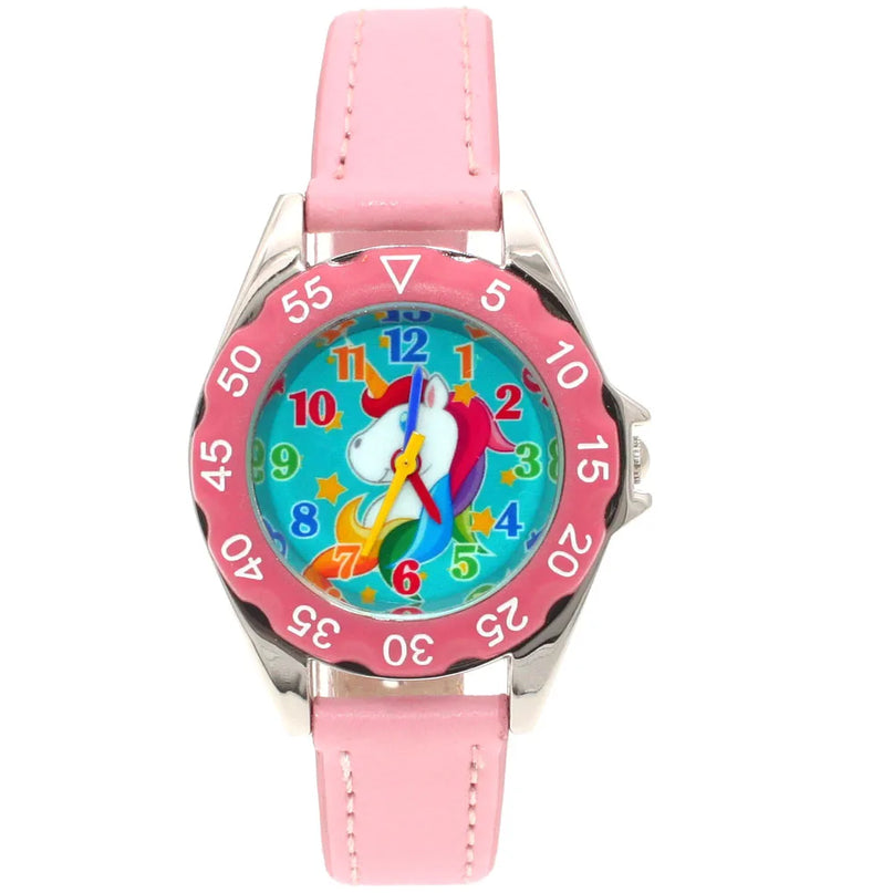 Elegante Einhorn Uhr mit Lederarmband in Rosa für Kinder