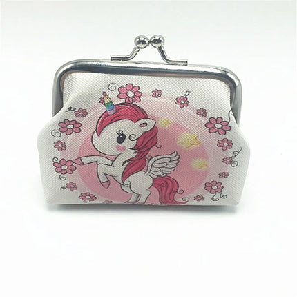 Süße Mini Einhorn Geldbörse aus PVC für Mädchen mit niedlichem Cartoon-Einhorn-Motiv und Haspelverschluss.