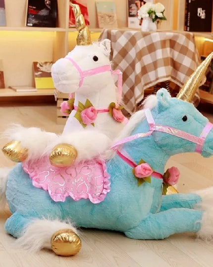 Riesige blaue Einhorn Tasche aus Plüsch, 100 cm groß, mit goldenem Horn und bunten Details, perfekt zum Kuscheln.