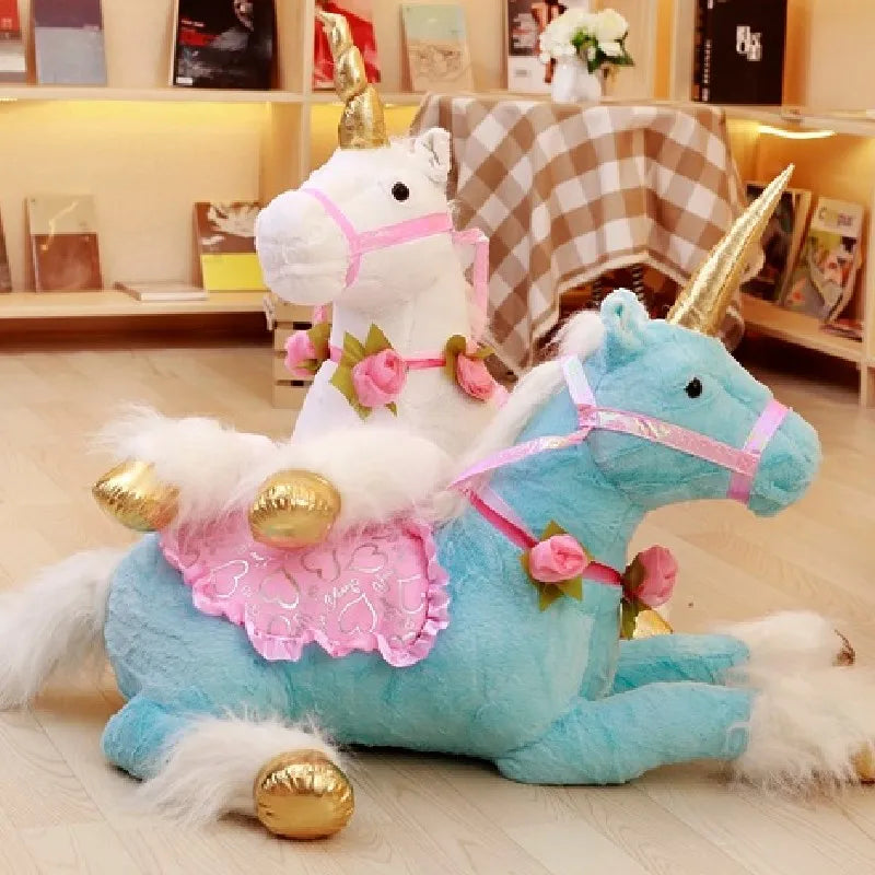 Riesige blaue Einhorn Tasche aus Plüsch, 100 cm groß, mit goldenem Horn und bunten Details, perfekt zum Kuscheln.