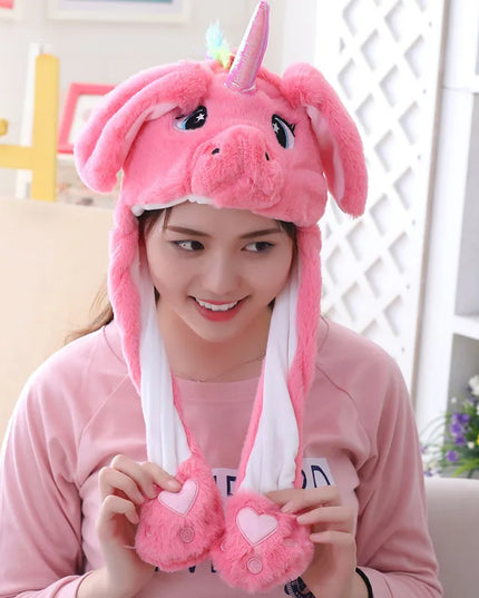 Einhorn Plüschtier Mütze in Lila mit beweglichen Ohren für Kinder, aus weicher Baumwolle, lustiges Accessoire