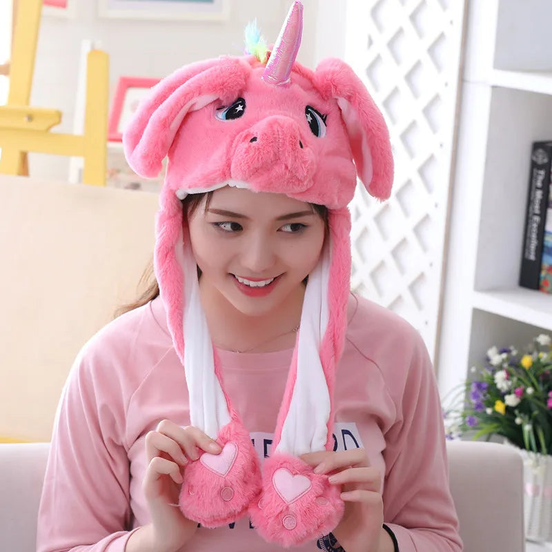 Einhorn Plüschtier Mütze in Lila mit beweglichen Ohren für Kinder, aus weicher Baumwolle, lustiges Accessoire