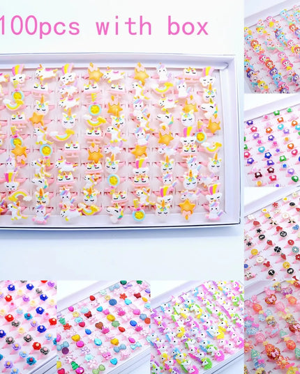 Box mit 100 bunten Einhorn Ringen und Tiermotiven aus Resin, verschiedene Designs und Farben, verstellbare Größe