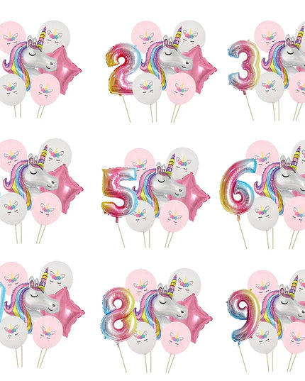7-teiliges Regenbogen Gradient Einhorn Kuscheltier Zahlen-Ballon-Set für Kindergeburtstage
