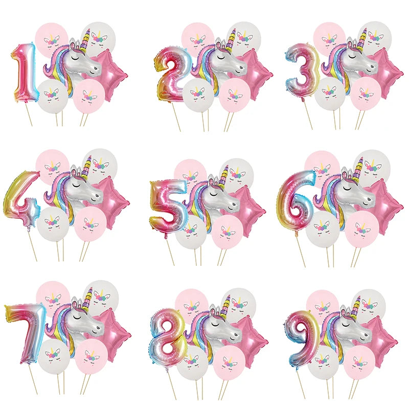 7-teiliges Regenbogen Gradient Einhorn Kuscheltier Zahlen-Ballon-Set für Kindergeburtstage
