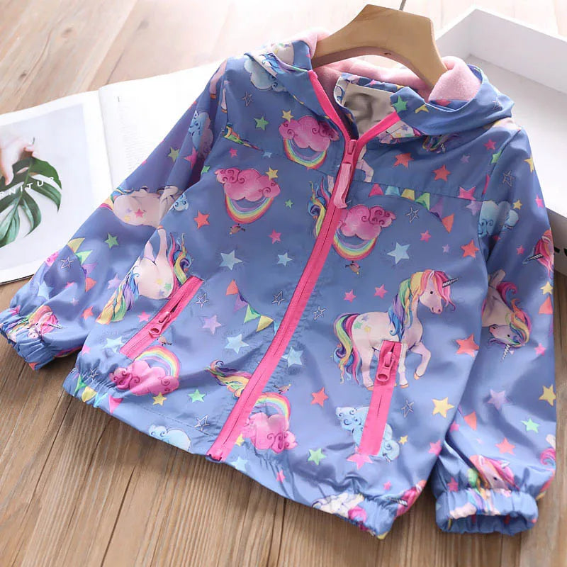 Blaue Einhorn Windbreaker Jacke für Mädchen mit Kapuze und Regenbogen-Einhorn-Muster