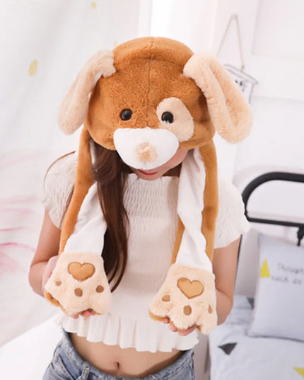 Braune Hunde Plüschtier Mütze mit beweglichen Ohren, aus weicher Baumwolle, für Kinder und Erwachsene.