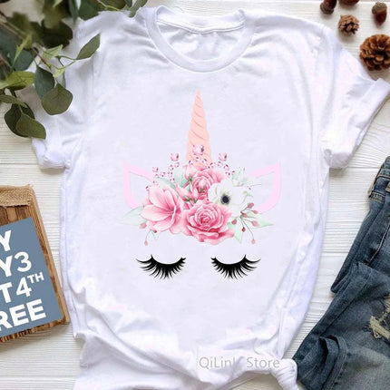 Weißes Damen Einhorn T-Shirt mit floralem Einhorn-Design und kurzen Ärmeln