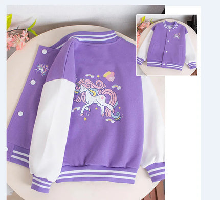 Lila Einhorn Baseball Jacke für Mädchen mit Cartoon-Einhorn-Motiv und V-Ausschnitt