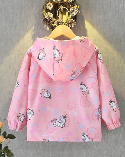 Pinke Einhorn Jacke für Mädchen mit Kapuze und Cartoon-Einhorn-Muster, ideal für den Frühling und modische Kinder.