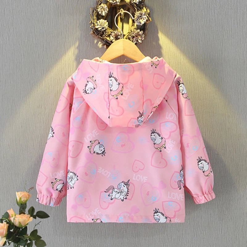 Pinke Einhorn Jacke für Mädchen mit Kapuze und Cartoon-Einhorn-Muster, ideal für den Frühling und modische Kinder.