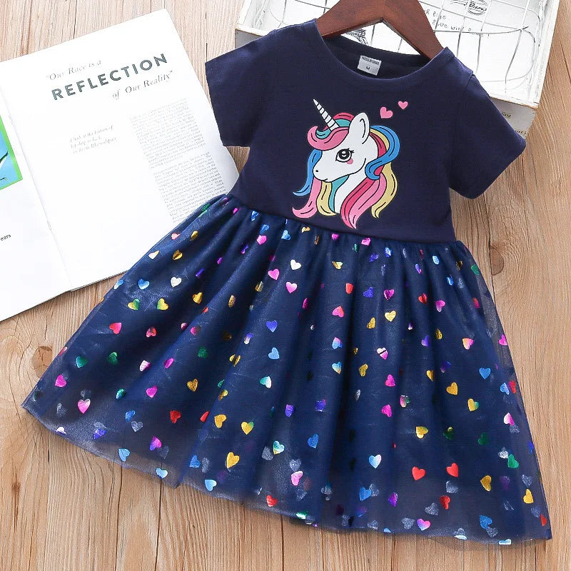 Marineblaues Einhorn Kleid für Baby Mädchen mit Cartoon-Einhorn-Motiv und Mesh-Rock, perfekt für Sommerpartys.