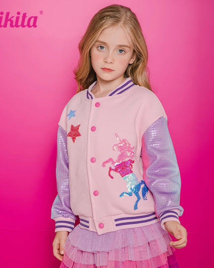Coole Einhorn Jacke im Baseball-Stil mit Sternen und Pailletten für Mädchen und Teenager, dick und warm für den Winter