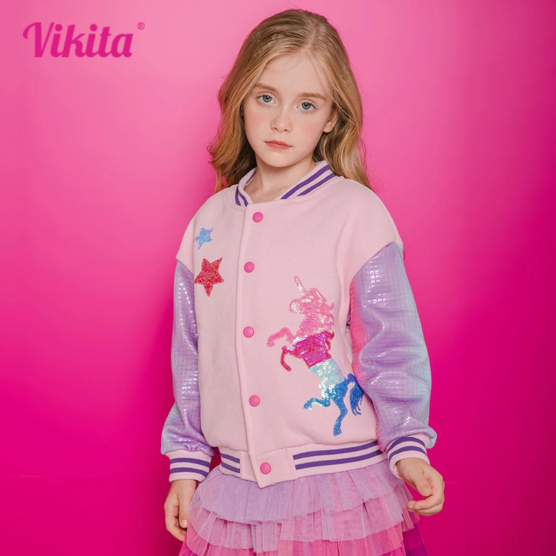 Coole Einhorn Jacke im Baseball-Stil mit Sternen und Pailletten für Mädchen und Teenager, dick und warm für den Winter