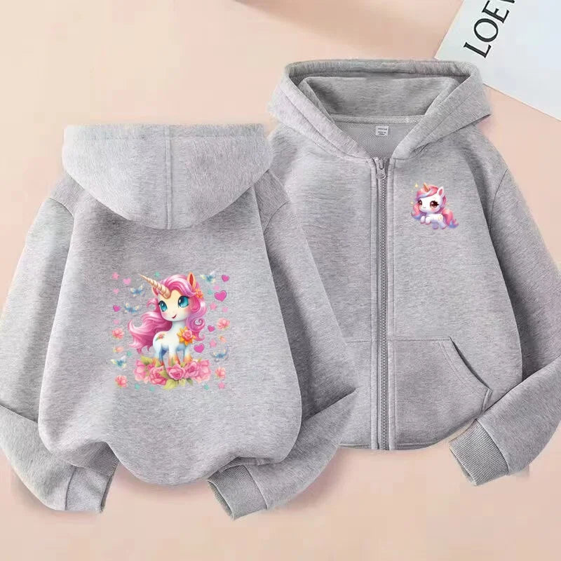 Mintgrüne Einhorn Jacke für Kinder mit Reißverschluss und farbenfrohem Einhorn-Print