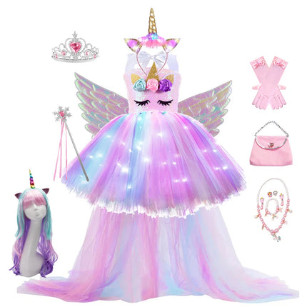 Einhorn Nachtlicht Kleid mit langen Regenbogen-LED-Lichtern und Schleife für Kindergeburtstage