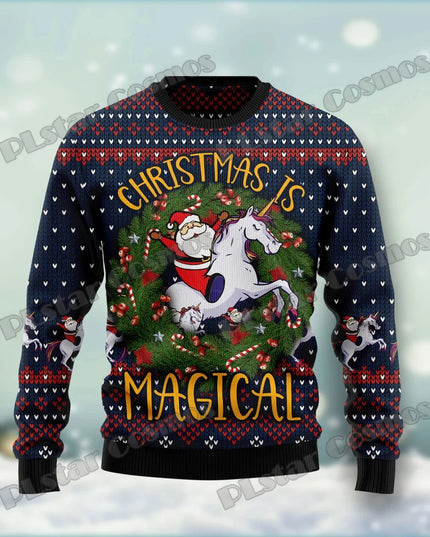 Einhorn Pullover mit magischem Weihnachts-Einhorn 3D-Print für den Winter, in gemütlicher Strickoptik.