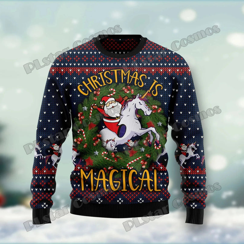 Einhorn Pullover mit magischem Weihnachts-Einhorn 3D-Print für den Winter, in gemütlicher Strickoptik.