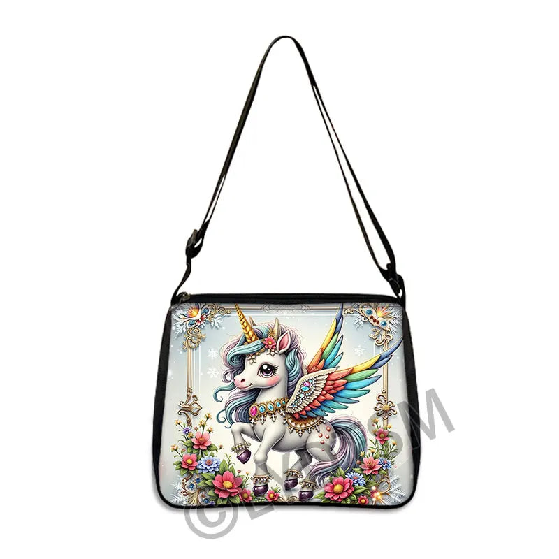 Einhorn Umhängetasche mit farbenfrohem Fantasy-Einhorn und Blumenmuster, groß, aus weichem Polyester für Frauen