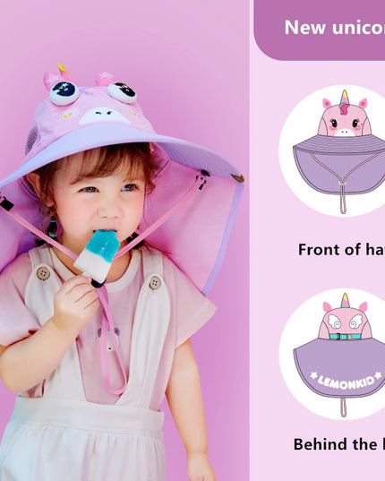 Faltbarer Sonnenhut für Kinder mit einem süßen Einhorn-Motiv, ideal als Einhorn Mütze für den Sommer und Urlaub.