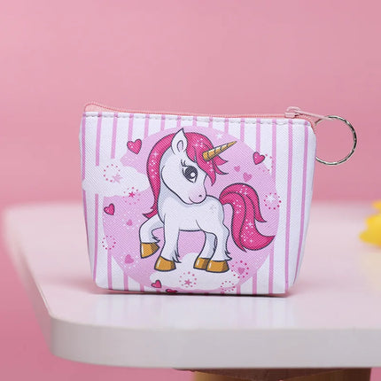 Bunte Einhorn Geldbörse aus PU mit Reißverschluss, ideal für Münzen, Karten und Schlüssel, im fröhlichen Cartoon-Design.