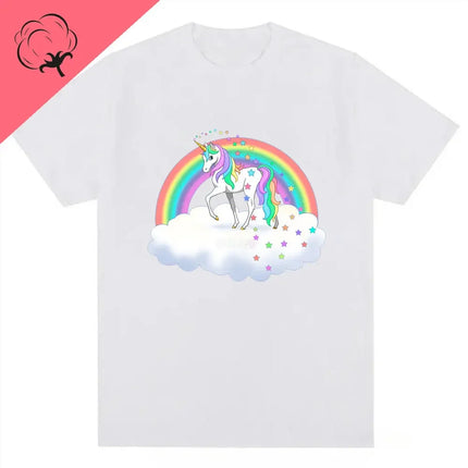 Weißes Einhorn T-Shirt mit farbenfroher Regenbogen Grafik und lustigem Cartoon Einhorn Motiv