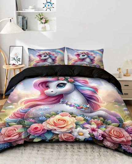 Einhorn Bettwäsche Set mit beeindruckendem 3D Cartoon-Einhorn-Digitaldruck, aus weicher Polyesterfaser, für ein lebendiges Schlafzimmer.