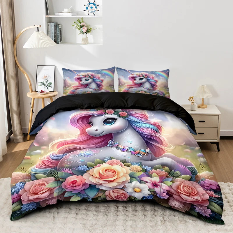 Einhorn Bettwäsche Set mit beeindruckendem 3D Cartoon-Einhorn-Digitaldruck, aus weicher Polyesterfaser, für ein lebendiges Schlafzimmer.