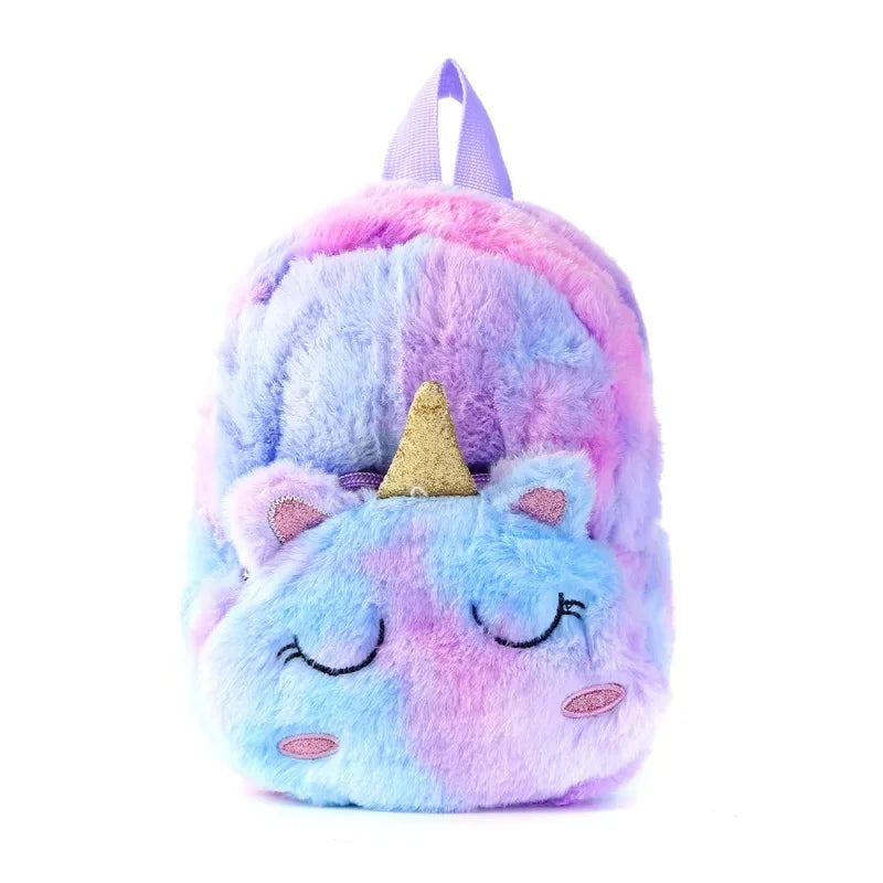 Violettfarbener Einhorn Rucksack aus Plüsch, ideal für Kinder und kleine Einhorn-Fans.
