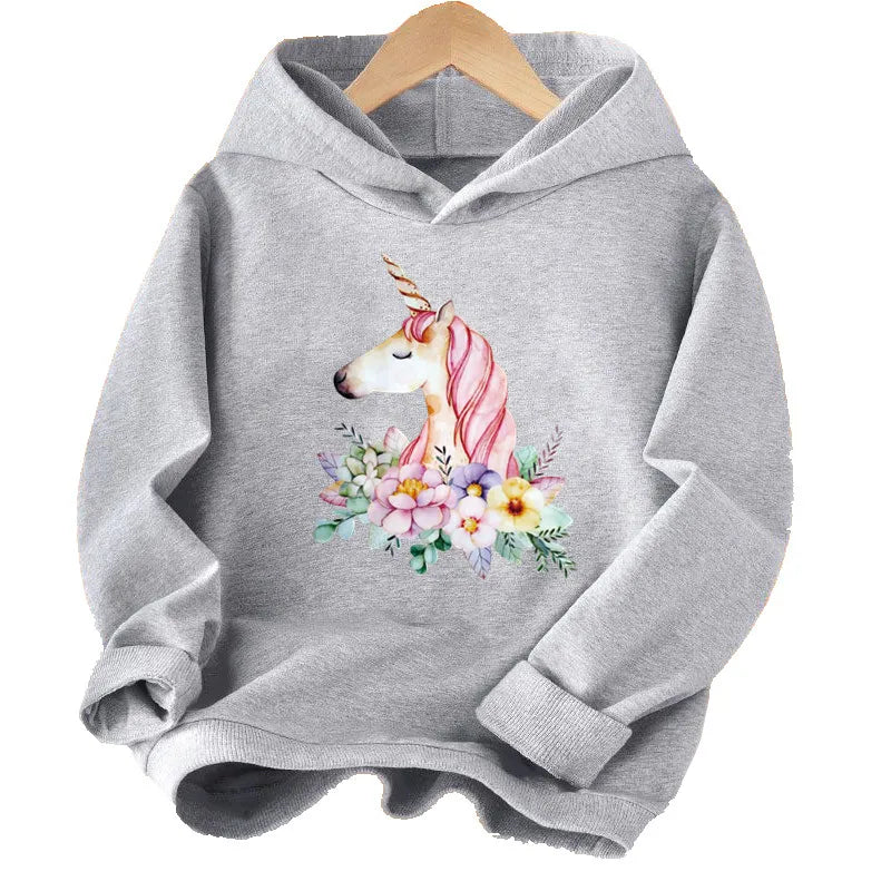 Mädchen Einhorn Hoodie in Grau mit Cartoon-Einhorn-Print und langen Ärmeln