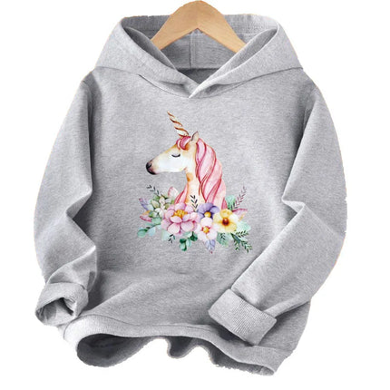 Mädchen Einhorn Hoodie in Grau mit Cartoon-Einhorn-Print und langen Ärmeln