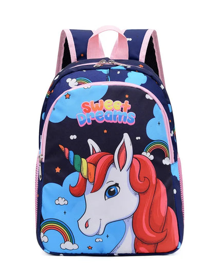Dunkelblauer Cartoon Einhorn Rucksack aus Nylon für Kinder mit großer Kapazität und Reißverschluss.