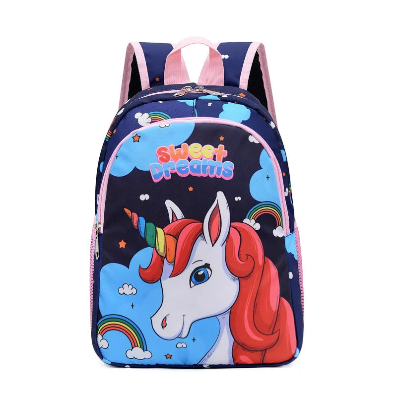 Dunkelblauer Cartoon Einhorn Rucksack aus Nylon für Kinder mit großer Kapazität und Reißverschluss.