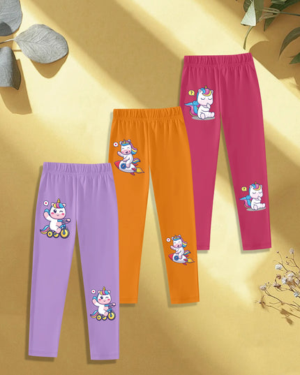 Drei Mädchen Einhorn Leggings mit Einhörnern, die Fahrrad fahren, Raketen fliegen und nachdenken