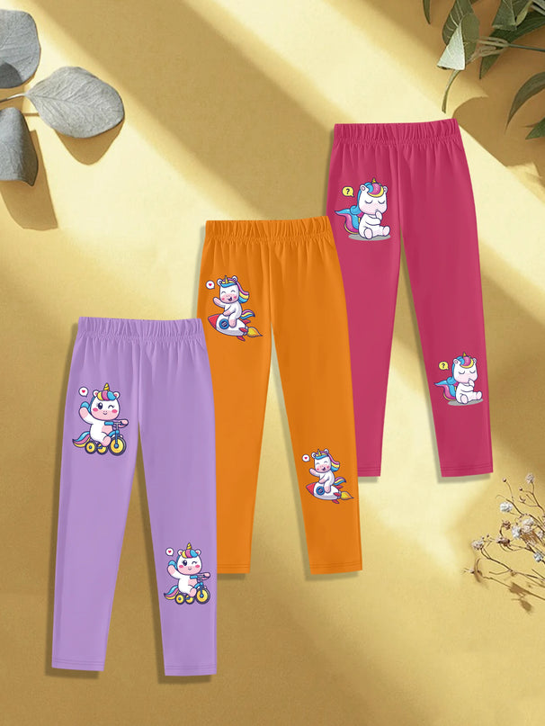 Drei Mädchen Einhorn Leggings mit Einhörnern, die Fahrrad fahren, Raketen fliegen und nachdenken