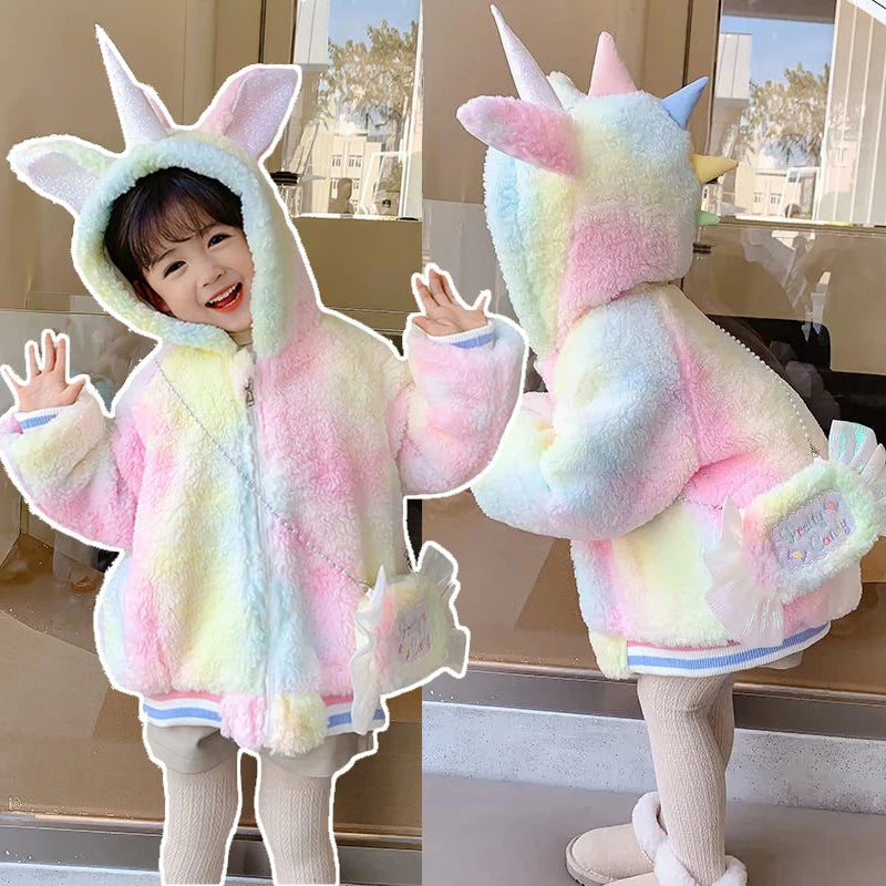 Mädchen in bunter Einhorn Winterjacke mit Kapuze und passender Einhorn Tasche