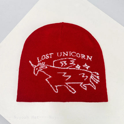 Pinker Einhorn Beanie mit Jacquard-Buchstabenmuster, gestrickt aus Acryl für Damen und Herren, perfekt für den Winter.