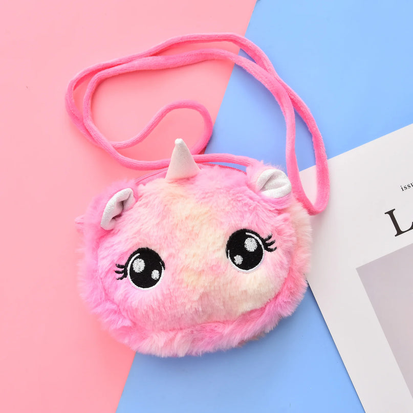 Süße rosa runde Einhorn Umhängetasche aus Plüsch mit großen Augen für Kinder und Mädchen