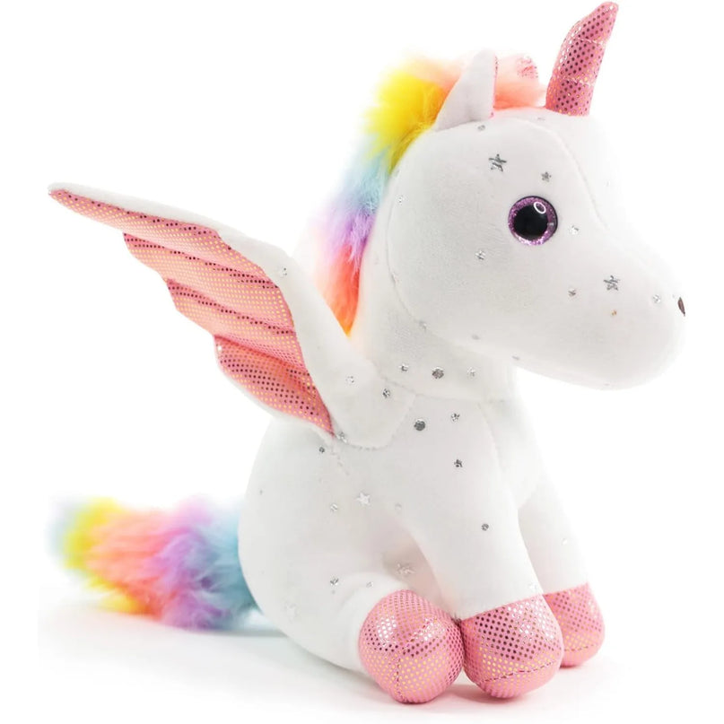 Weiches Einhorn Plüschtier in Regenbogenfarben, stehend mit glänzender Mähne und Horn