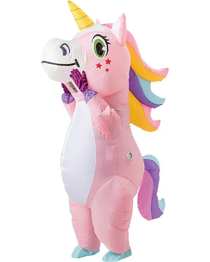 Aufblasbares Einhorn Kostuem in Rosa für Erwachsene, bereit für Halloween und Karneval