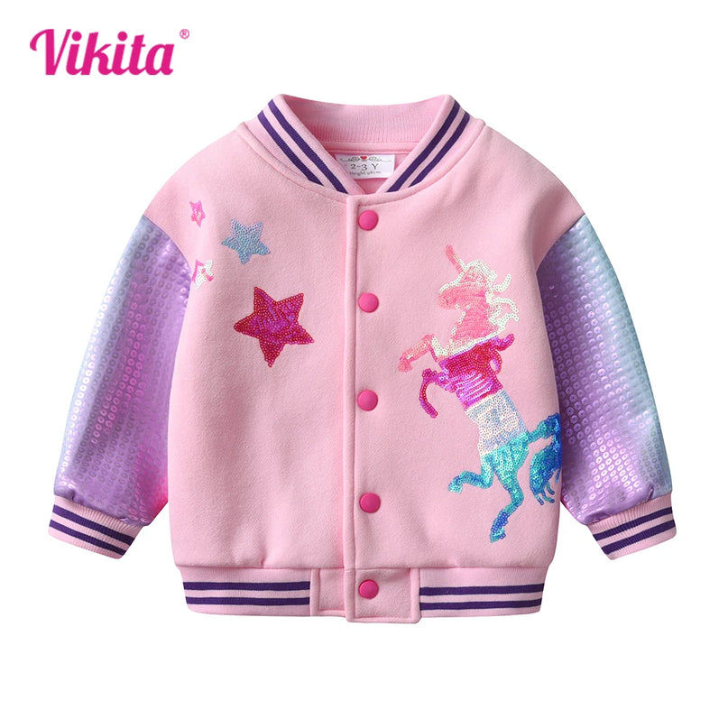 Rosa Einhorn Jacke für Kinder mit Pailletten-Applikationen, ideal für Herbst und Winter, von VIKITA