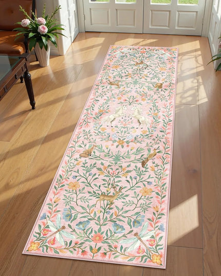 Einhorn Teppich Läufer mit bunten Blumen und einem Einhorn, weich und maschinenwaschbar aus Polyester